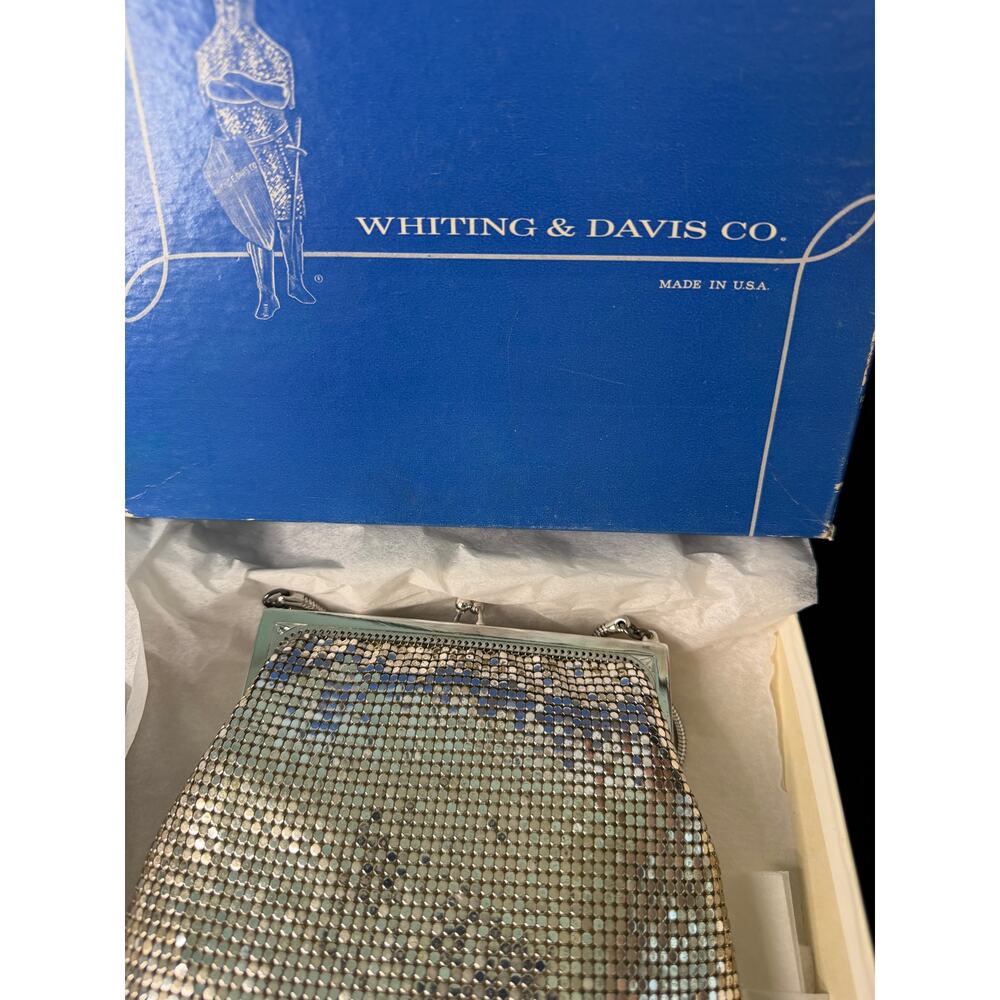 Vintage Whiting & Davis USA Silver Metal Mesh Evening Bag w Chain Strap & Box